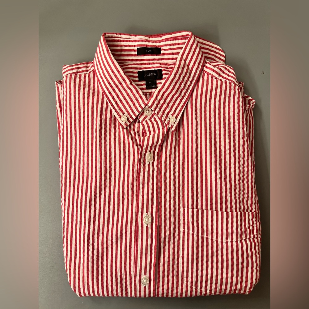 J. Crew Red and White Slim fit seersucker Shirt